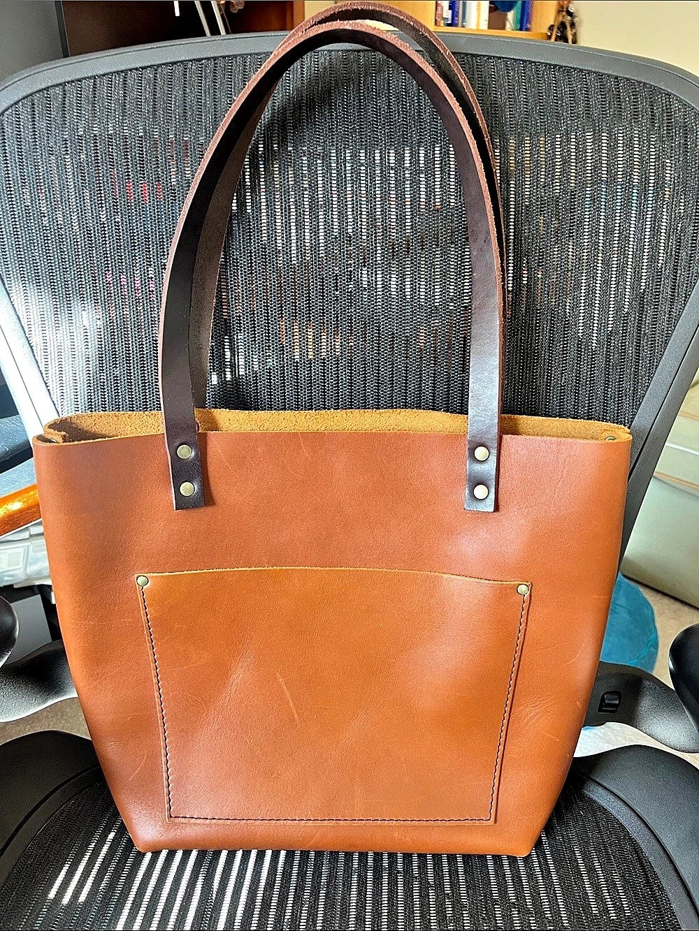 Portland Leather Goods Leather Tote in Cognac Brown Dark Handles EUC